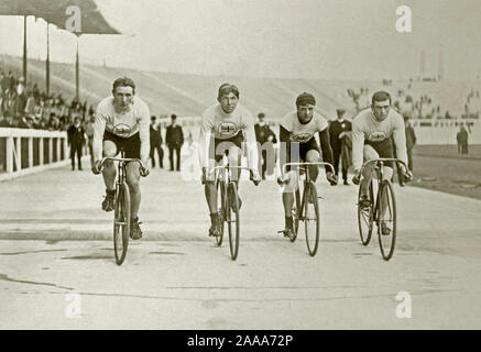 The British gold-medal winning Cycling Pursuit team at the 1908 London Olympic Games. The team was (left to right) Clarence Kingsbury, Leon (Leonard) Meredith, Benjamin Jones and Ernest Payne. They won their gold medal at the White City Stadium, west London, England, UK on 17 July 1908. Great Britain, represented by the British Olympic Association (BOA), competed as the host nation of the games. The British team was made up of 676 competitors and the country finished in the Olympic top of the medal table for the first and only time in its history. Stock Photo