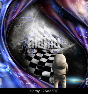 Surrealism and symbolism. Astronaut and Checkered face. 3D rendering Stock Photo