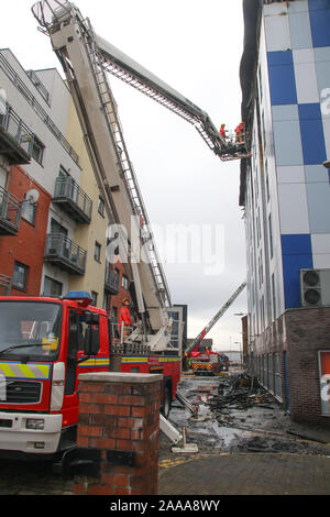 18 November 2019. Bolton, Lancashire, United Kingdom. Pictures show the aftermath of a devastating fire at the Cube Student Accomodation on Bradshawgate Bolton on the evening of 16 November 2019. 220 students were evacuated after fire broke out on the top floor. The building was clad in a form of High Pressure Laminate, and there hafd been safety concerns about the building.Pictures by Phil Taylor ARPS. Tel 07947390596 email philtaylorphoto@gmail.com  For Alamy.com Stock Photo