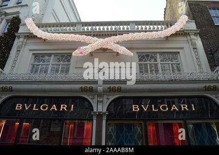 London, UK. 20 November, 2019. Christmas window display of BVLGARI in Old Bond Street. Stock Photo