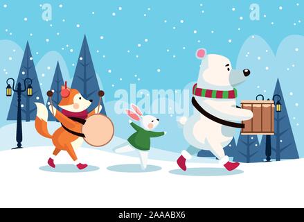 merry christmas card with animals playing instruments Stock Vector