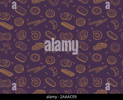 Seamless cookies and biscuit pattern isolated over dark background Stock Vector