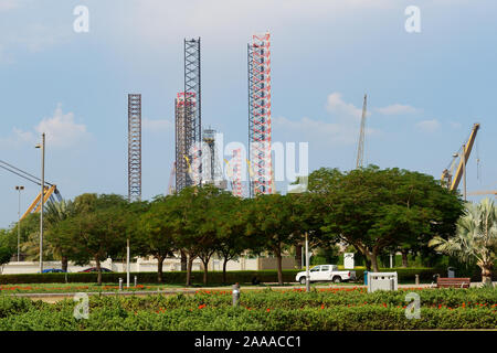Oil drilling site at the Jumeirah shore, Dubai, UAE Stock Photo