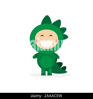 cute little boy dressed as a dinosaur character vector illustration ...
