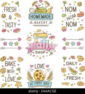 Set of colorful vector bake shop and pastry logo and ornament isolated over white background Stock Vector