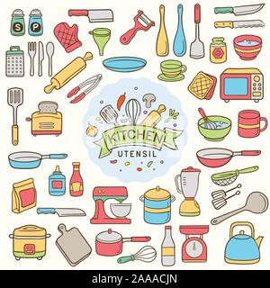 Set of colorful doodle kitchen and utensil isolated over white background Stock Vector