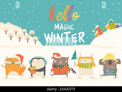 Cute cartoon animals skating in winter park. Hello winter Stock Vector