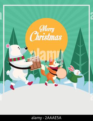 merry christmas card with animals playing instruments Stock Vector