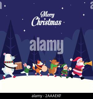 merry christmas card with characters playing instruments Stock Vector