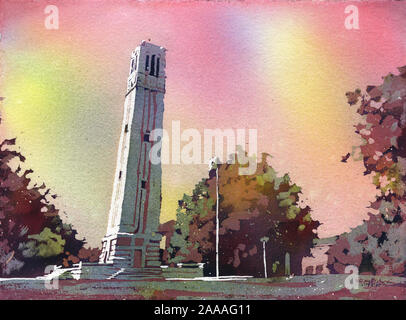 Painting of the North Carolina Statue University Bell-Tower in Raleigh, NC at dusk. NCSU artwork bell tower Stock Photo