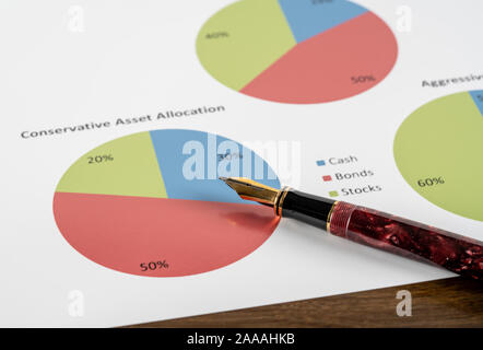 Expensive gold fountain pen pointing to conservative asset allocation pie chart on desk Stock Photo