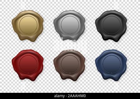 Vector 3d Realistic Vintage Retro Stamp Wax Seal Icon Set Closeup Isolated on Transparent Background. Design Template of Sealing Wax or Stamps, Labels Stock Vector