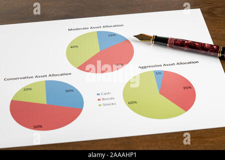 Expensive gold fountain pen pointing to moderate asset allocation pie chart among other choices for investments Stock Photo