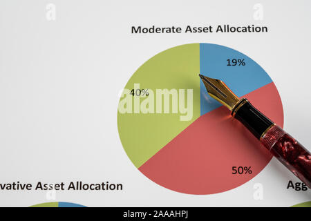 Expensive gold fountain pen pointing to moderate asset allocation pie chart on desk Stock Photo