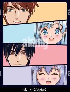 Group of young people faces anime style characters Stock Vector by