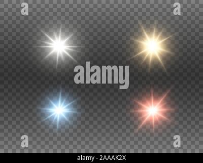Sparkling color lights set on transparent background. Glowing Christmas stars collection. Bright glare effects and rays. Abstract shining beams. Color Stock Vector