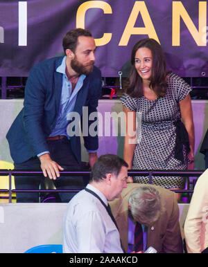 James and Pippa Middleton with Peter and Autumn Phillips watching Prince Harry, Zara and Mike Tindall compete in a celebrity wheelchair rugby game at the Invictus games in London. September 2014 Stock Photo