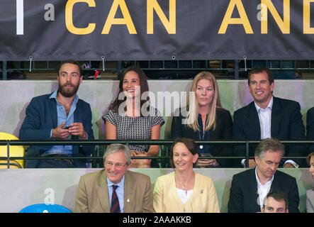 James and Pippa Middleton with Peter and Autumn Phillips watching Prince Harry, Zara and Mike Tindall compete in a celebrity wheelchair rugby game at the Invictus games in London. September 2014 Stock Photo