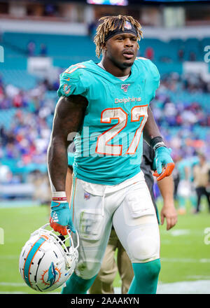 Miami Gardens, Florida, USA. 17th Nov, 2019. Miami Dolphins running back Kalen Ballage (27) walks off the field at the end of a game against the Buffalo Bills at the Hard Rock Stadium in Miami Gardens, Florida. Credit: Mario Houben/ZUMA Wire/Alamy Live News Stock Photo