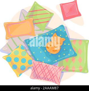 Pillows and cat top view Flat banner on white background. Cozy Sleeping red cat greeting card illustration. Fabric textile Furniture poster template. Home decor design element. Cartoon Vector isolated Stock Vector