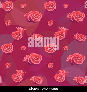 Roses buds seamless pattern on red backdrop. Flower background for wallpaper fabric card cover. Romantic symbol decoration valentines day. Flat vector package template. Love wedding concept background Stock Vector