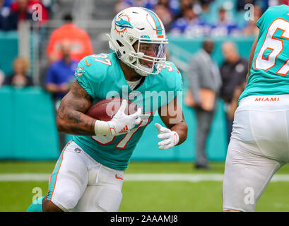 Miami Gardens, Florida, USA. 17th Nov, 2019. Miami Dolphins running back Myles Gaskin (37) runs with the ball during the first quarter of an NFL football game at the Hard Rock Stadium in Miami Gardens, Florida. Credit: Mario Houben/ZUMA Wire/Alamy Live News Stock Photo