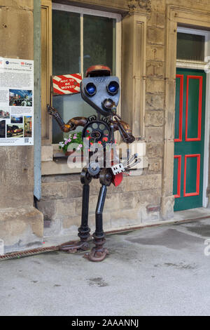 Buxton railway station Sculpture made from scrap by Andy Hill from the Old Buxton locomotive maintenance depot. Stock Photo