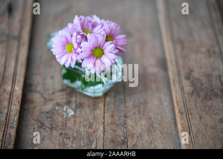 Pink asters in a small glass vase from above on a rustic shabby wooden furniture Stock Photo