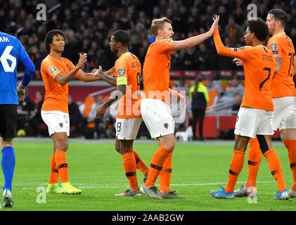 L-R Nathan Ake, Georginio Wijnaldum, Matthijs de Ligt, Calvin Stengs and Wout Weghorst (R) during Uefa Euro 2020 Qualification Match the Netherlands vs Estonia on November 19, 2019 in the Johan Cruijff Arena in Amsterdam, Netherlands Photo: Soenar Chamid/SCS/AFLO (HOLLAND OUT) Stock Photo