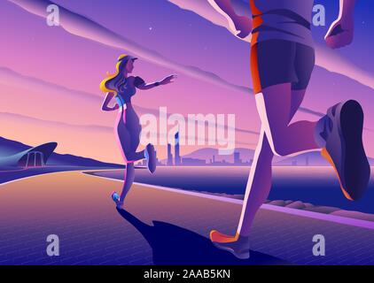 An imaginary vectoring illustration of couples jogging at a bay-side park in a beautifully quiet morning. Stock Vector