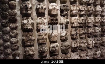 Excavated Tzompantli, other wise known as ancient Aztec skull rack or skull banner from MesoAmerican sacrifices at Templo Mayor, Mexico City. Stock Photo