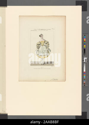 Lower right: Maleuvre s. Lise Noblet in costume of a lady of the court in the ballet La fille du Danube, presented at the Paris Opéra, 1836-44. Full length to front, on pointe, looking right, holding apron with both hands; wearing elaborate yellow knee-length gown, strapless with tiered sleeves, flowers in hair.; Costume de Melle. Noblet, (Dame de la cour) dans La fille du Danube, ballet, Académie Royale de Musique. Acte II Stock Photo