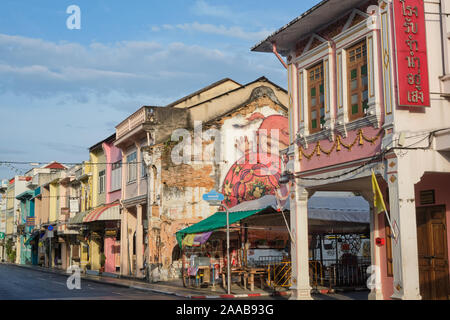 Colorful Sino-Portuguese shophouses in Thalang Road in the Old Town area of Phuket Town, Phuket, Thailand Stock Photo