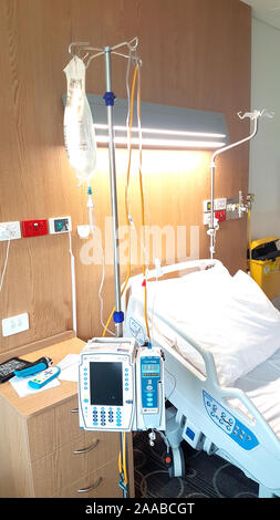 Queensland Australia - November 19 2019; Inside hospital ward with bed and drip pump machines and monitor beside empty bed. Stock Photo