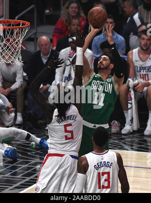 Los Angeles, United States. 20th Nov, 2019. Celtics Enes Kanter scores over Clippers Kawhi Leonard in first quarter action at Staples Center in Los Angeles, November 20, 2019. Photo by Jon SooHoo/UPI Credit: UPI/Alamy Live News Stock Photo