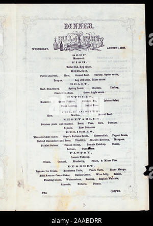 FOLDER ILLUS. Wednesday, August 1,1866; DAILY DINNER MENU [held by] CRAWFORD HOUSE [at] [NEW ENGLAND] (STAGE STOP) Stock Photo