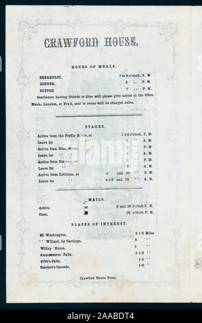 FOLDER ILLUS. Wednesday, August 1,1866; DAILY DINNER MENU [held by] CRAWFORD HOUSE [at] [NEW ENGLAND] (STAGE STOP) Stock Photo