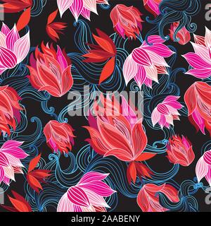Seamless bright graphic pattern of red flowers and waves on a dark background. Pattern for Wallpaper or fabric design. Stock Vector