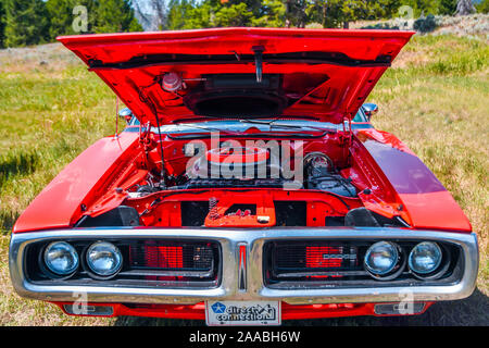 Lincoln, MT, USA - July 26, 2019: An old well maintained customized Dodge muscle car Stock Photo