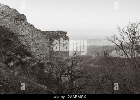 Remains of ancient fortress of Chirag Gala on top of the mountain, located in Azerbaijan Stock Photo