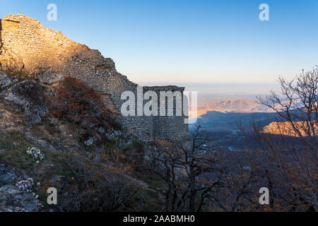 Remains of ancient fortress of Chirag Gala on top of the mountain, located in Azerbaijan Stock Photo