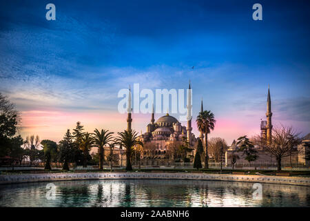 Mosque of Sultanahmet called also the Blue Mosque alley view from inside and outside in Istanbul, Turkey Stock Photo