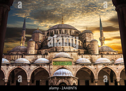 Mosque of Sultanahmet called also the Blue Mosque alley view from inside and outside in Istanbul, Turkey Stock Photo