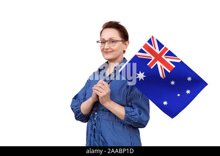 Australia flag. Woman holding flag. Nice portrait of middle aged 40 50 years old holding a large flag isolated on white background Stock Photo - Alamy