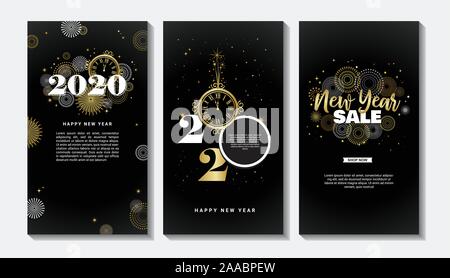 Happy New Year- 2020 . Collection of greeting background designs, New Year, social media promotional content. Vector illustration Stock Vector