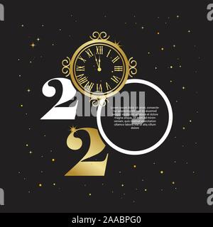 Happy New Year 2020 - New Year Shining background with gold clock . vector illustration Stock Vector