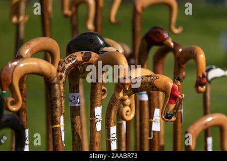 Carved walking sticks at the Eskdale Show in 2019.  The Eskdale Show is the oldest and premier show for Herdwick sheep, that was founded in the 1800's Stock Photo