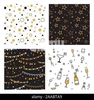 Collection of seamless pattern designs for celebrations , birthday and graduation party. In gold, white and black colors. Vector illustration Stock Vector