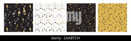 Collection of seamless pattern designs for celebrations , birthday and graduation party. In gold, white and black colors. Vector illustration Stock Vector