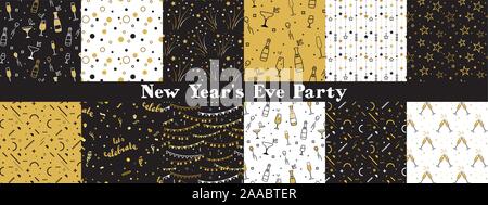 Collection of seamless pattern designs for celebrations , birthday and graduation party. In gold, white and black colors. Vector illustration Stock Vector
